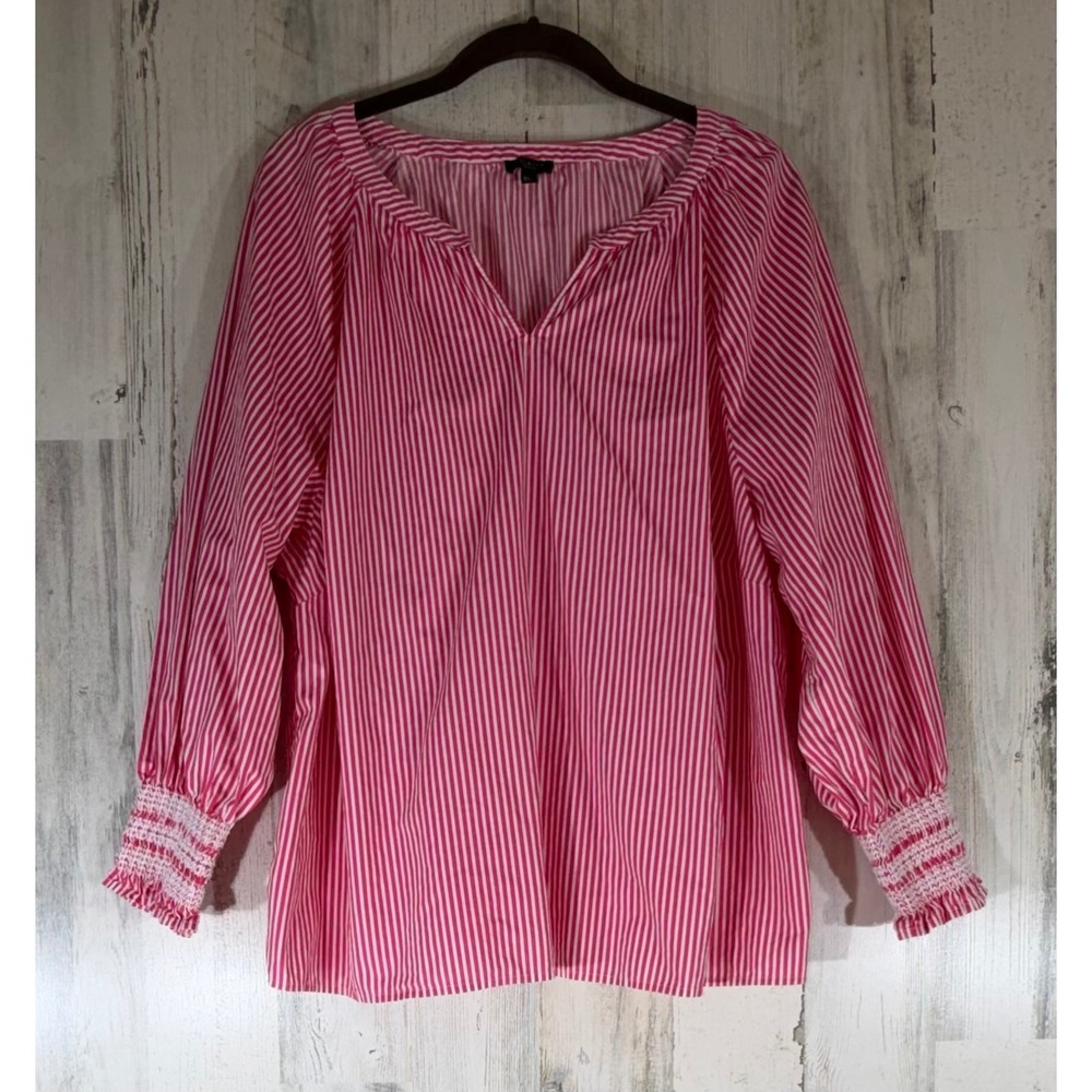 Talbots Blouse 2XP Pink White Striped V-Neck Smocked Cuff Cotton Coastal Office